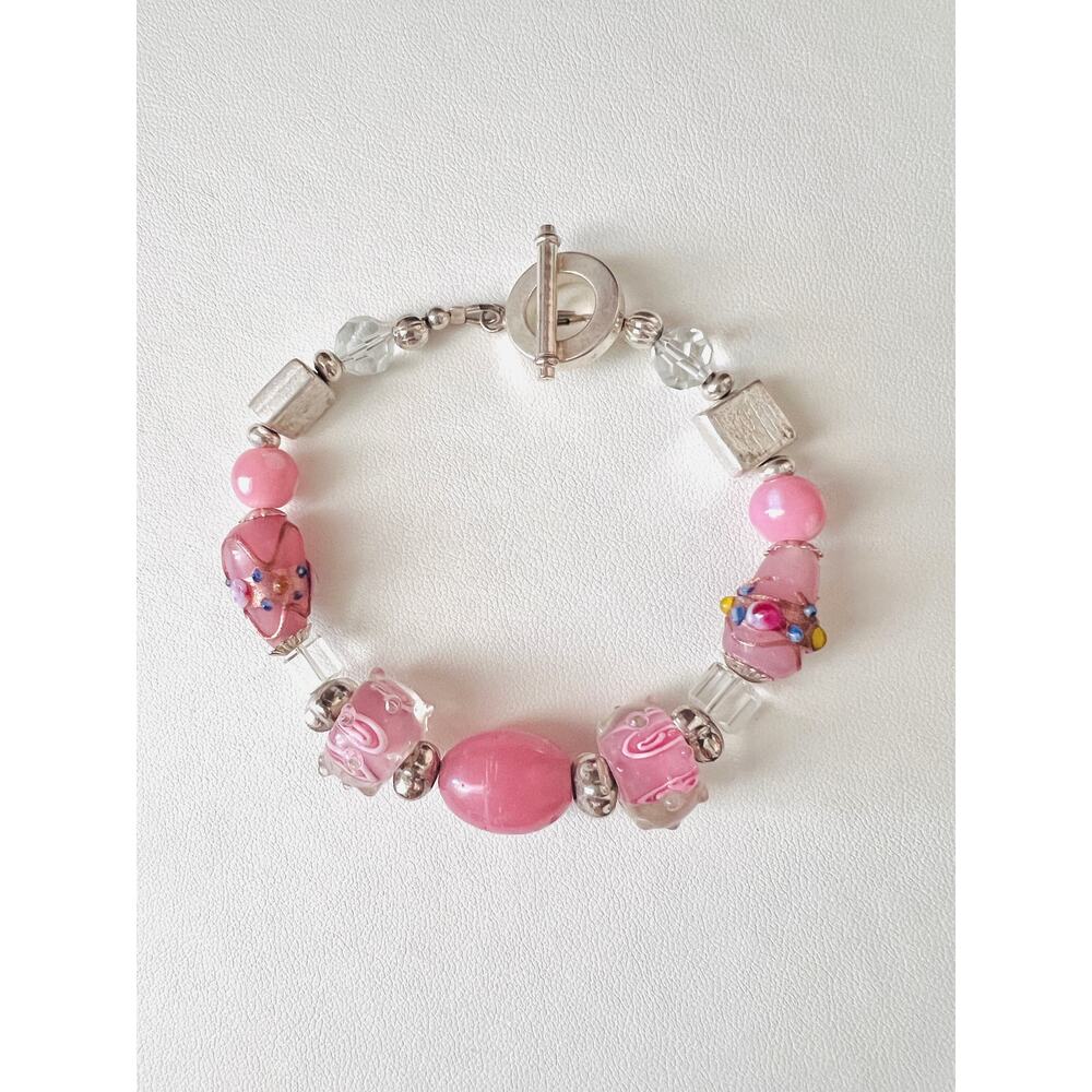 Pink Lampwork Glass Beaded Bracelet Artisan 8” Cottagecore